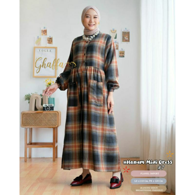 GHAFFA THE LABEL Hanum midi dress flanel kotak kotak ld 110 pb 120 allsize gamis midi busui friendly