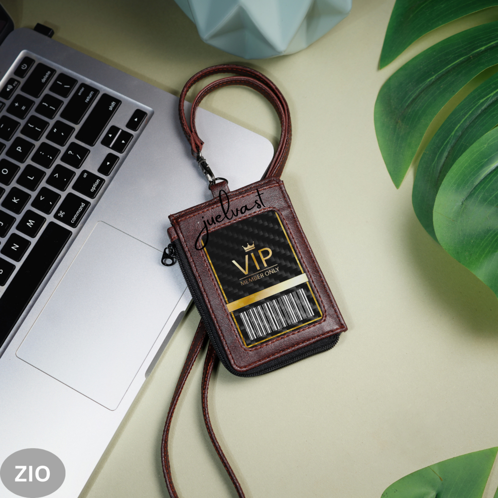 ZIO - Name Tag Holder Resleting - Id Card Holder - Lanyard - Kulit PU Leather - 3 Slot Kartu