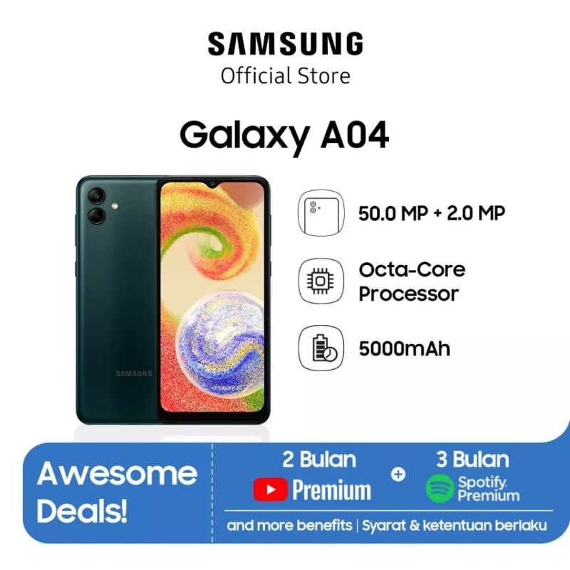 SAMSUNG AO4 RAM 4+4 ROM 64GB. FREE ANTIGORES DAN CASING. GARANSI 1TAHUN.