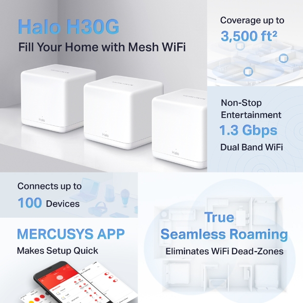 Mercusys Halo H30G AC1300 Dual Band Gigabit Whole Mesh Router (3-Pack)