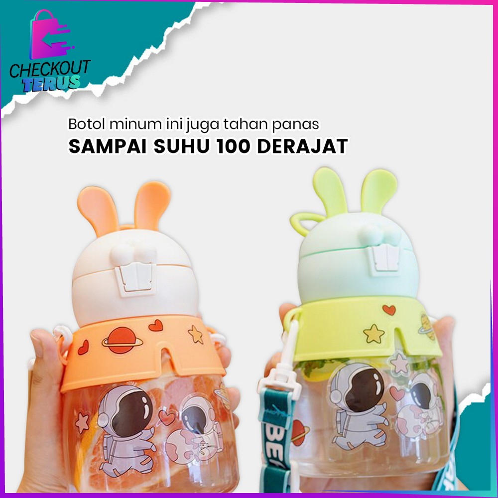 CT C829 Botol Minum Anak 550ML Motif Kelinci Tempat Minum Anak dengan Sedotan Botol Air Minum Bunny Anak Tali Panjang Anti Tumpah