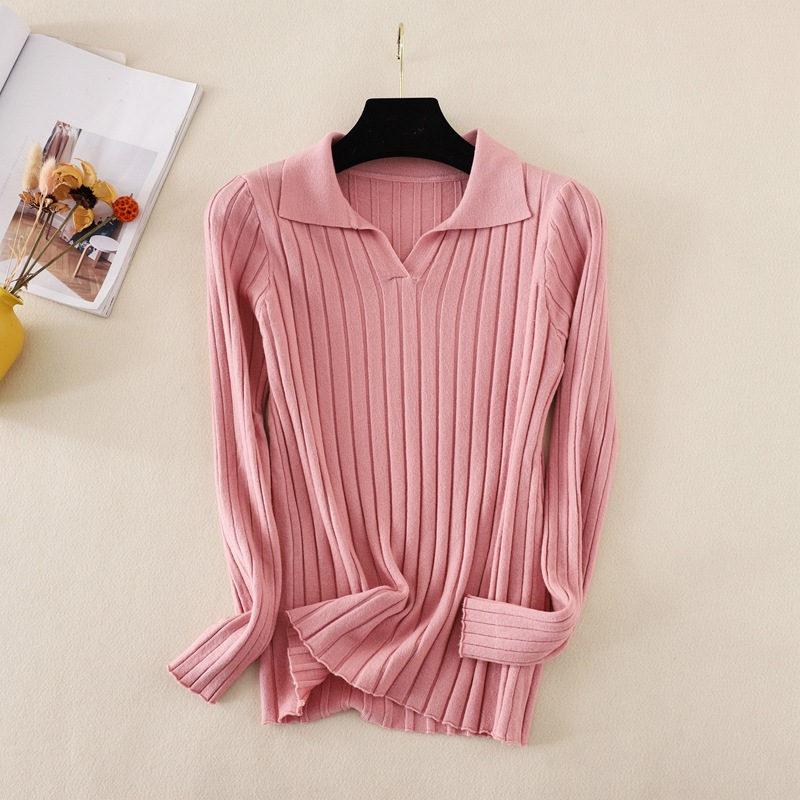 Atasan Wanita Kerah Turn Down V-Neck Pakaian Sweater Rajut Pullover Kasual Lengan Panjang Korean Style