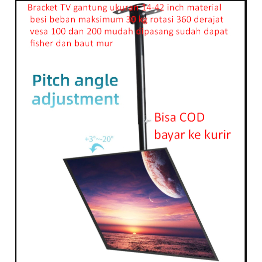 Bracket TV gantung ukuran 14-42 inch material besi beban maksimum 30 kg rotasi 360 derajat vesa 100 