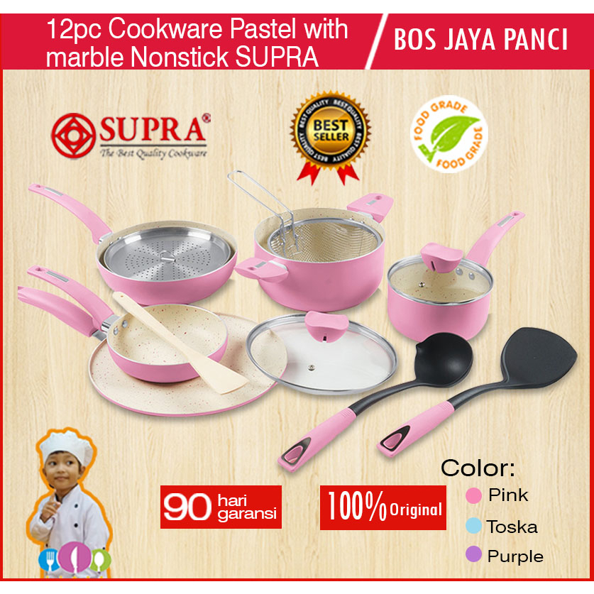 Panci Set Lengkap aluminium Tebal + Tutup Kaca 12pcs Cookware Pastel with Marble Nonstick SUPRA Anti