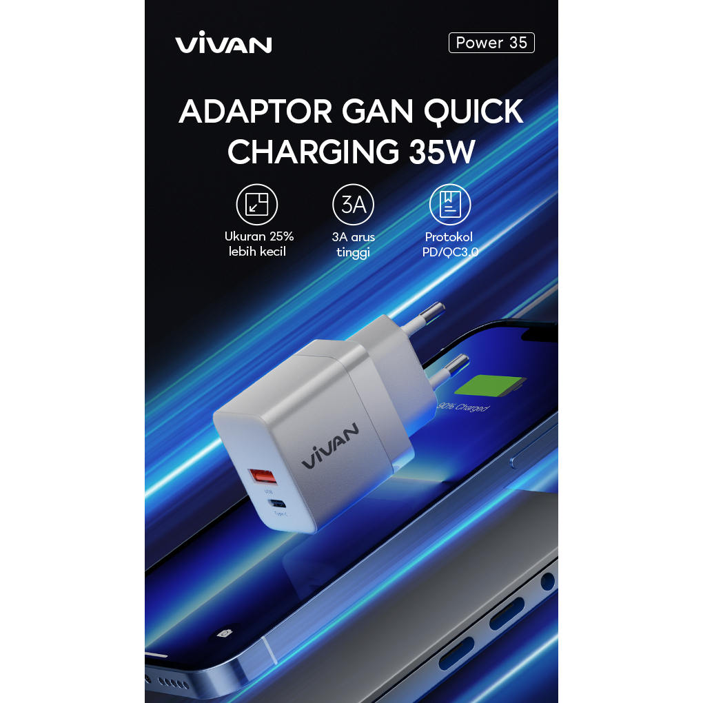 Vivan Power 35 GaN PD QC 4A 35W USB-C USB-A Dual Port Quick Charger