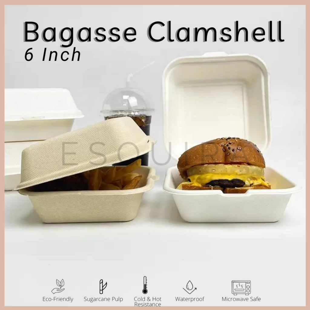 Sugarcane Bagasse Burger Box 6 Inch / Korean Cake Box 450 ML / Lunch Box / 25 Pcs / B66-B / B66-W