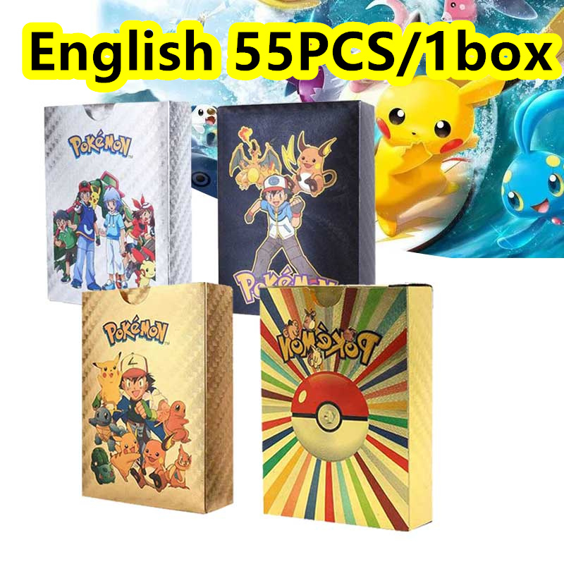 Kartu Pokemon Cards 55PCS 1 box Original Gold Emas Hitam Langka Charizard Pikachu Langka Bahan Metal