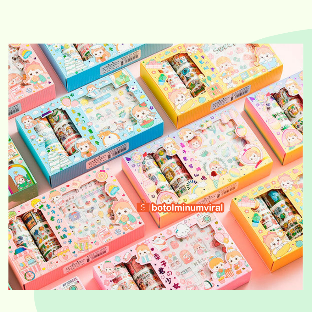 Washi Tape Sticker Momo Roll Set Box Aesthetic Korea Cute Stiker Viral