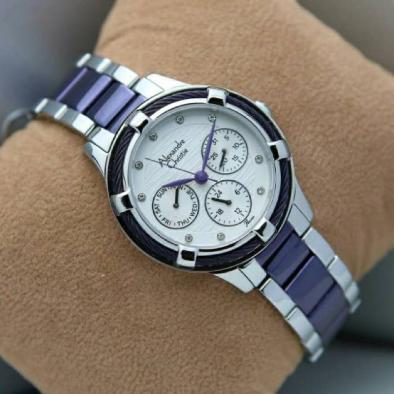 JAM TANGAN WANITA ALEXANDRE CHRISTIE AC 2730 SILVER COMBINASI PURPLE ORIGINAL 100% GARANSI RESMI