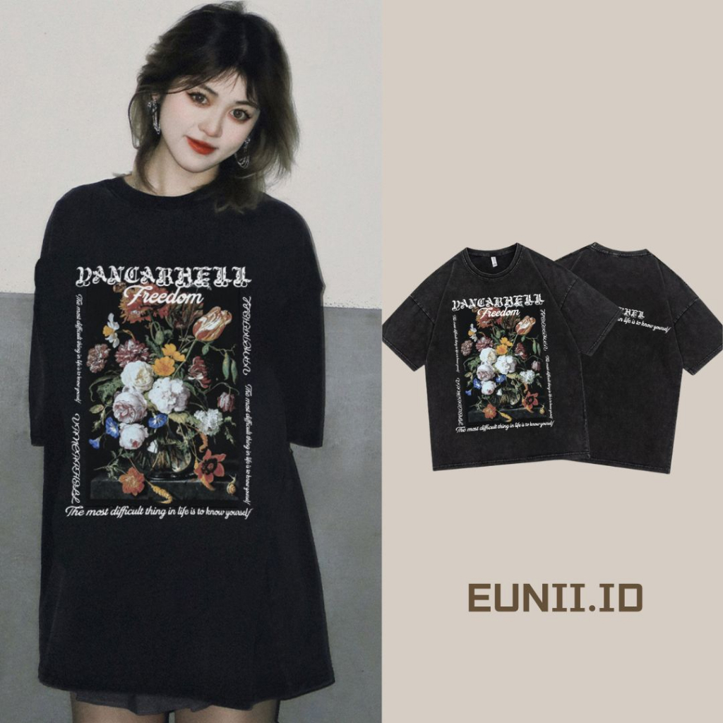 EUNII T-shirt Lengan Pendek Black Washed  Retro Rose Printing Korean Style/Kaos Atasan Wanita/Baju Wanita/Kaos Wanita