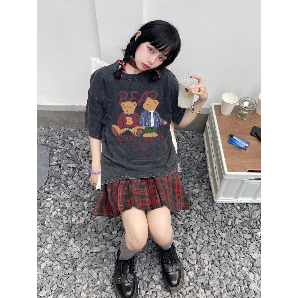 EUNII T-shirt Lengan Pendek Black Washed Cartoon Plush Bear Korean Style/Kaos Atasan Wanita/Baju Wanita/Kaos Wanita