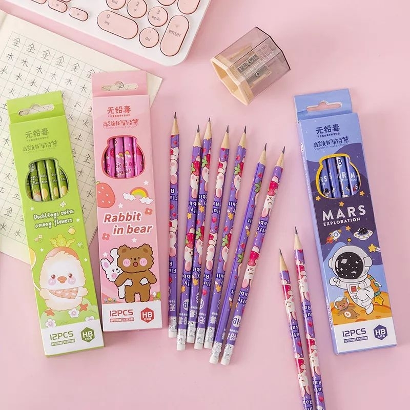 PENCIL SET 12PCS MOTIF LUCU ESTETIK/ PENSIL SEKOLAH ALAT TULIS RT 101