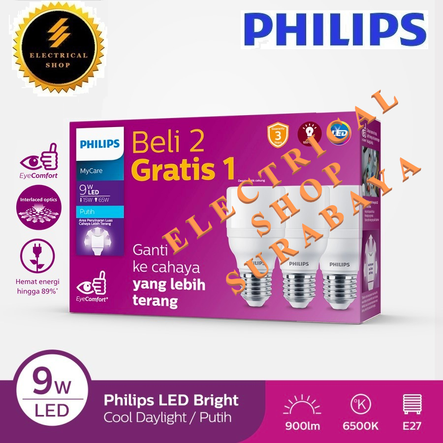 PHILIPS LAMPU LED BRIGHT MULTIPACK MYCARE 9W 9 W WATT PUTIH BUNDLING PAKET BELI 2 GRATIS 1 GROSIR ORIGINAL GARANSI