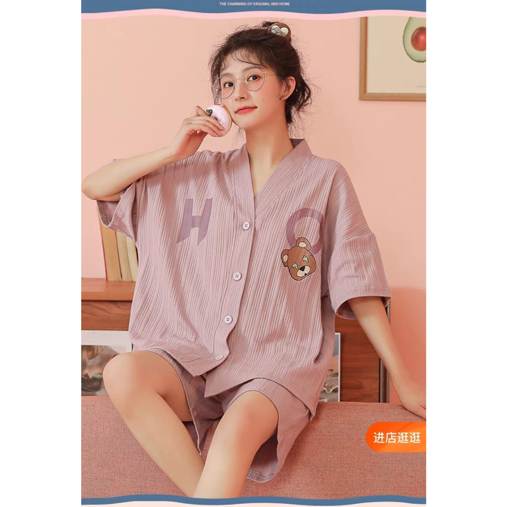 Baju tidur piyama hotpant kra v kancing bahan kaos prisket