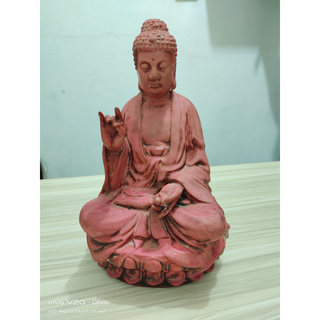 Patung Budha Sidarta Gautama Fiber Merah Kuno Jadul Antik