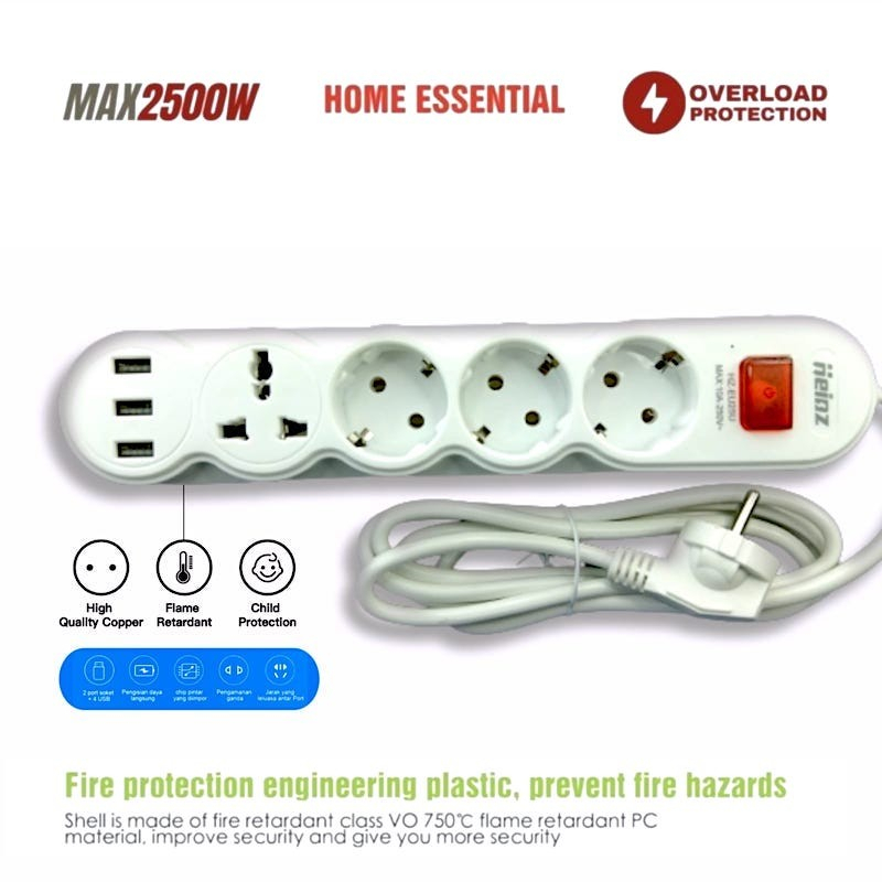 Heinz HighValue 1.8M Power Strip Stop Kontak 4 Power Socket 3 USB Port