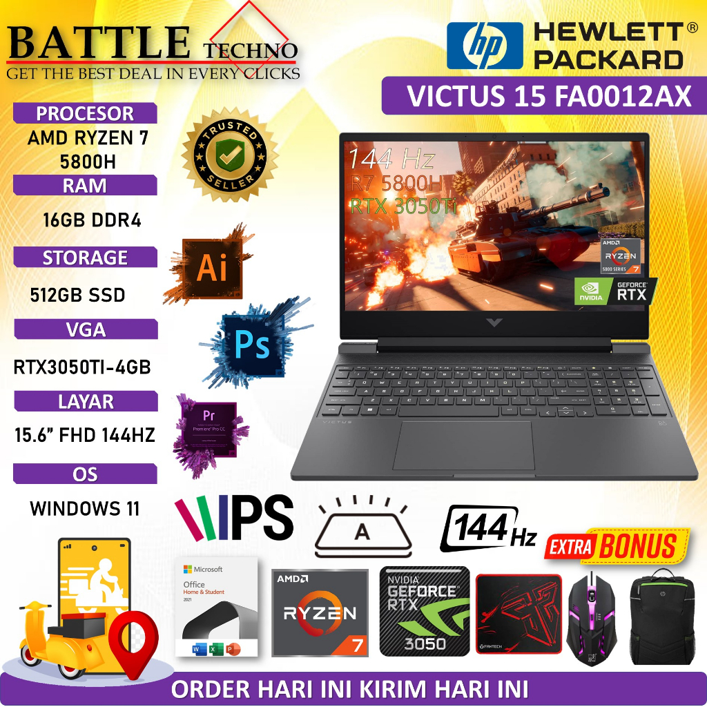 LAPTOP GAMING HP VICTUS 15 FB0012AX AMD RYZEN 7 5800H 16GB 512GB RTX3050TI-4GB 15.6&quot; FHD IPS 144HZ BL WIN11HOME + OHS MICA SILVER RESMI