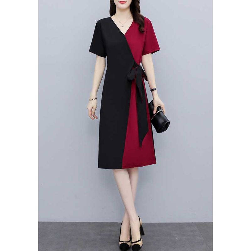 Dress wanita hitam merah model unik katun Korea lengan pendek elegant