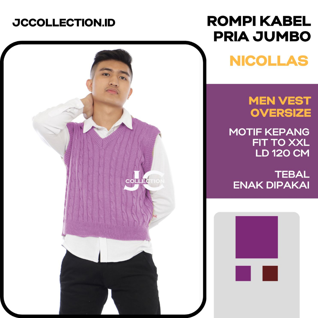 Rompi Pria Rajut Motif Kabel L-XL Vneck Knitting Nickko / Cable Vest - JCCollections