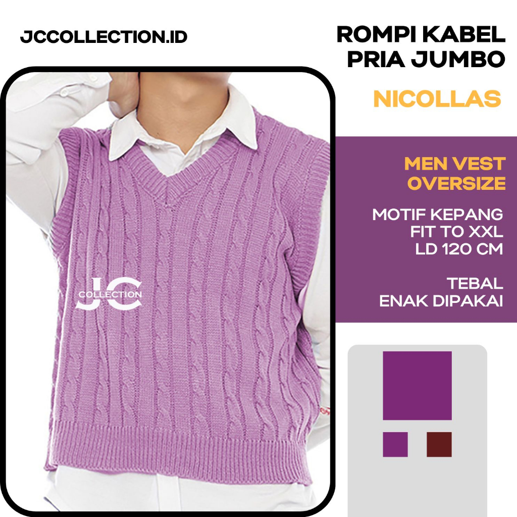 Rompi Pria Rajut Motif Kabel L-XL Vneck Knitting Nickko / Cable Vest - JCCollections