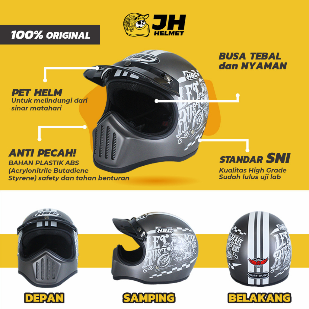 Helm Cakil HBC Rust Dust Grey Doff + FREE GOGGLE | Retro Full Face | JUAL HELM