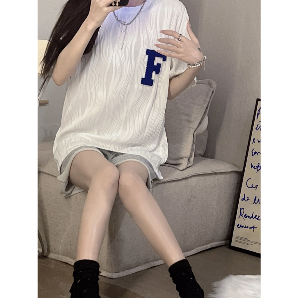 EUNII Korean Style T-shirt Wanita  Lengan Pendek Vintage Bordir Oversize Atasan Wanita