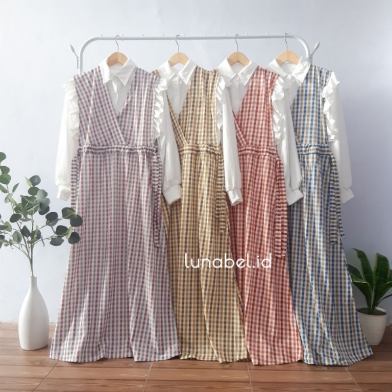 (LUNA DRESS &amp; PLAID DRESS) GAMIS REMPEL/RUMBAI | OVERALL 1 SET DAPAT 2 PCS (INNER DAN OVERALL) | VEST LONG DRESS MOTIF KOTAK-KOTAK BISA COD N GROSIR