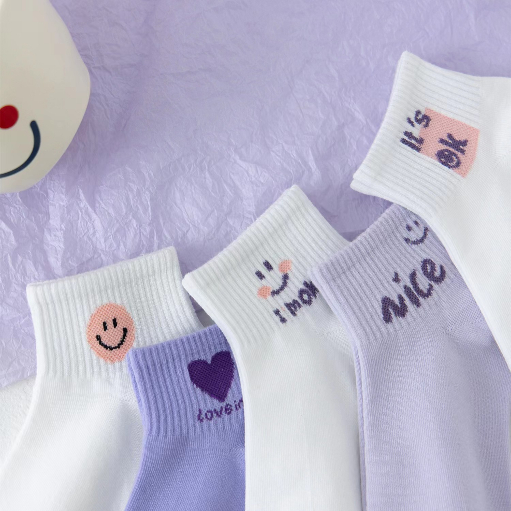 •YF• KK1125 Kaos Kaki Pendek Wanita Motif Smile Ungu Fashion Korean Semata Kaki Putih Socks Import Ankle