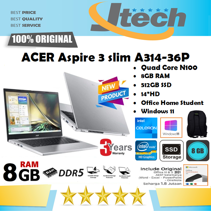 ACER Aspire 3 Slim A314-36P - Quad Core N100 - 8GB DDR5 - 512GB SSD Gen 4 - 14&quot;HD - Win11 - OHS