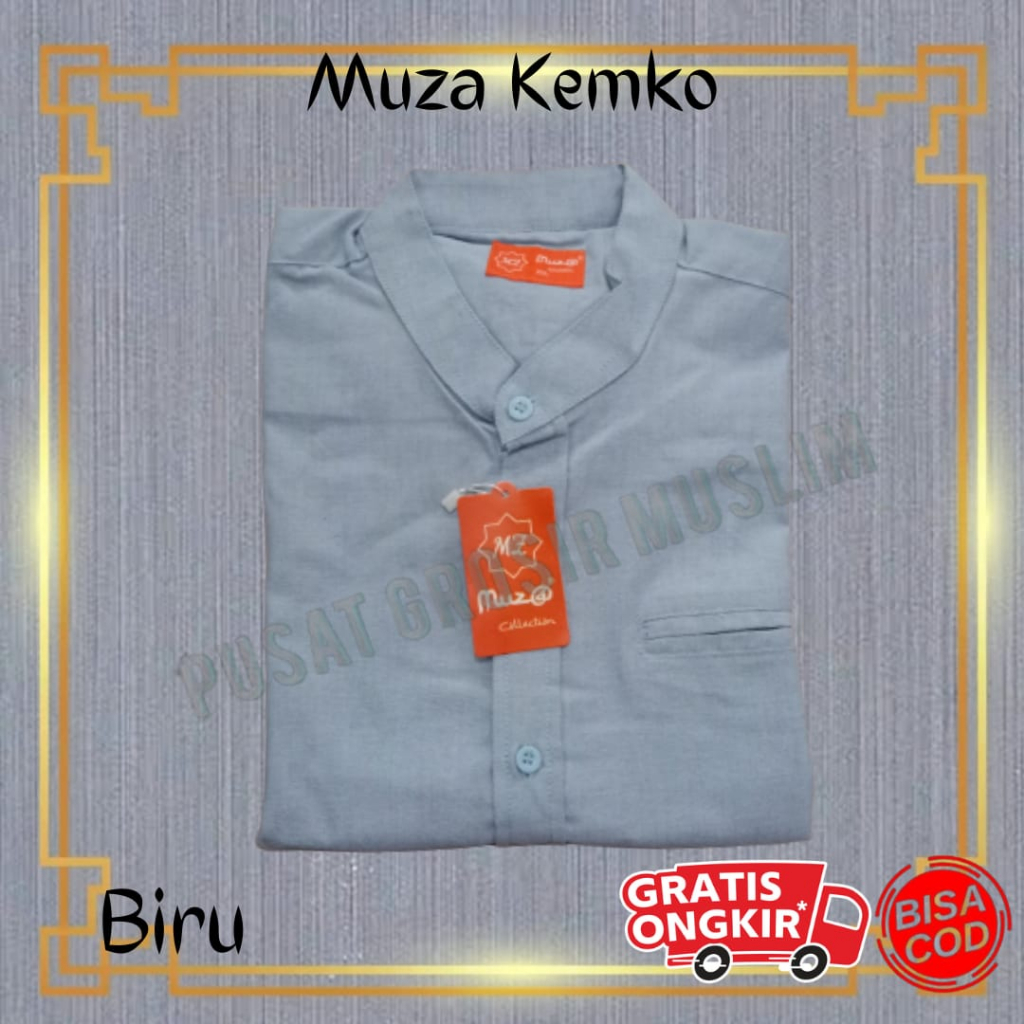 Baju Moza Kemko Tangan Panjang Biru Kemeja Koko by Moza Bahan Oxford High Premium Quality