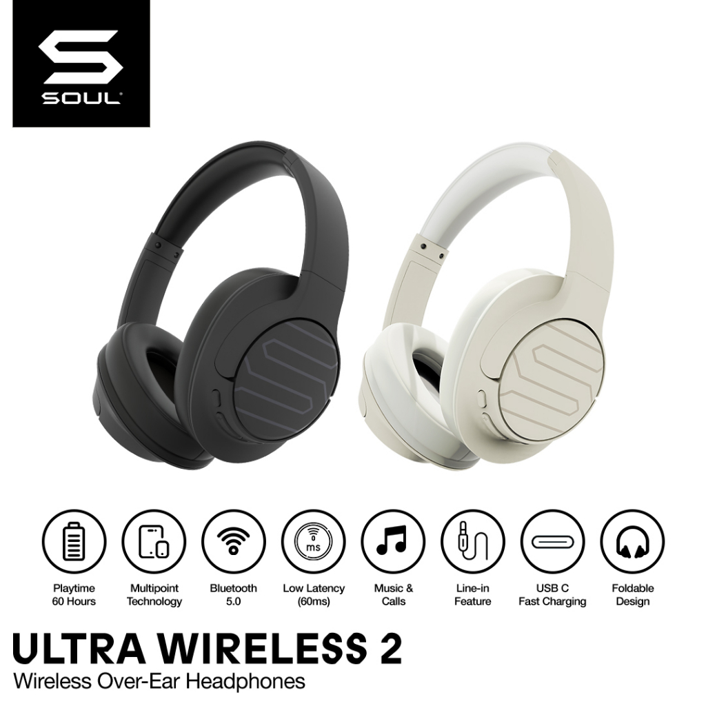 Soul Ultra Wireless 2 Wireless Over-Ear Headphones Baterai Kuat Bluetooth 5.2