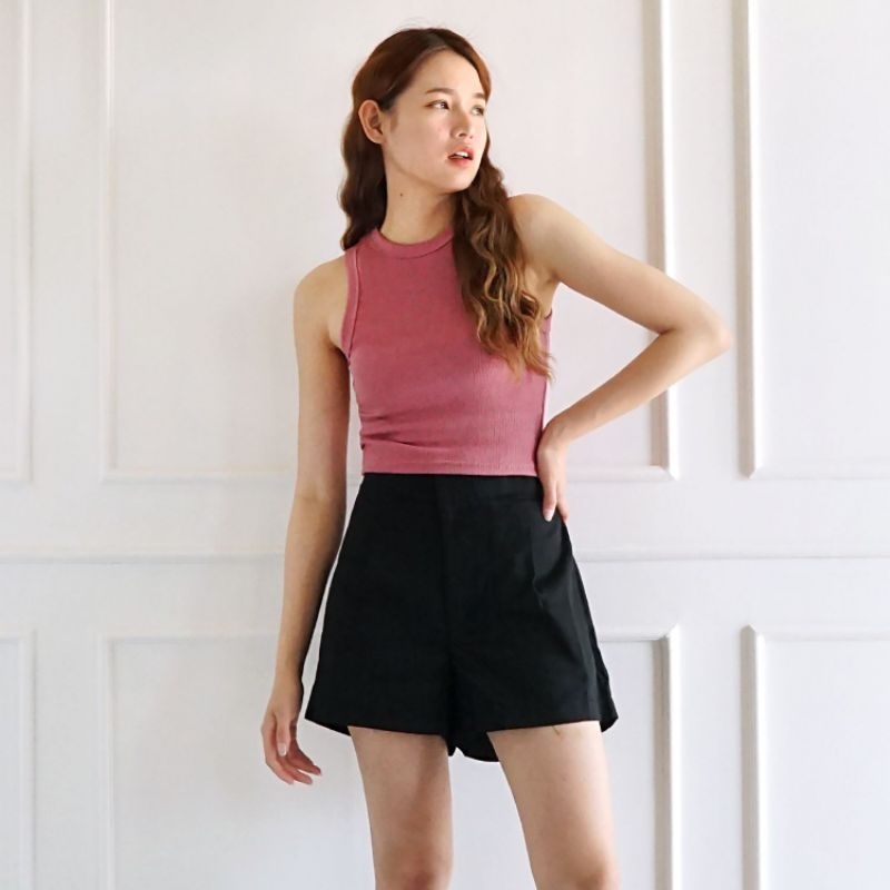 Crop Racer Tank Top Rib Knit Katun Korea / Basic TankTop Crop Wanita Rajut Stretch