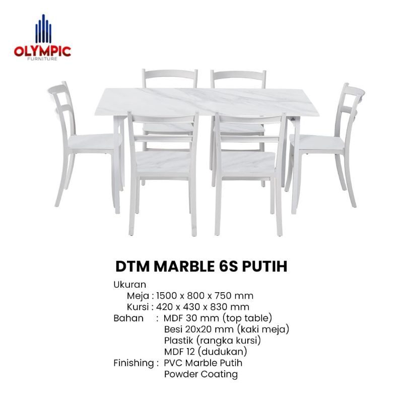 Meja Makan 6 Kursi Motif Marble / Dining Table Marble - Olympic DTM Marble White
