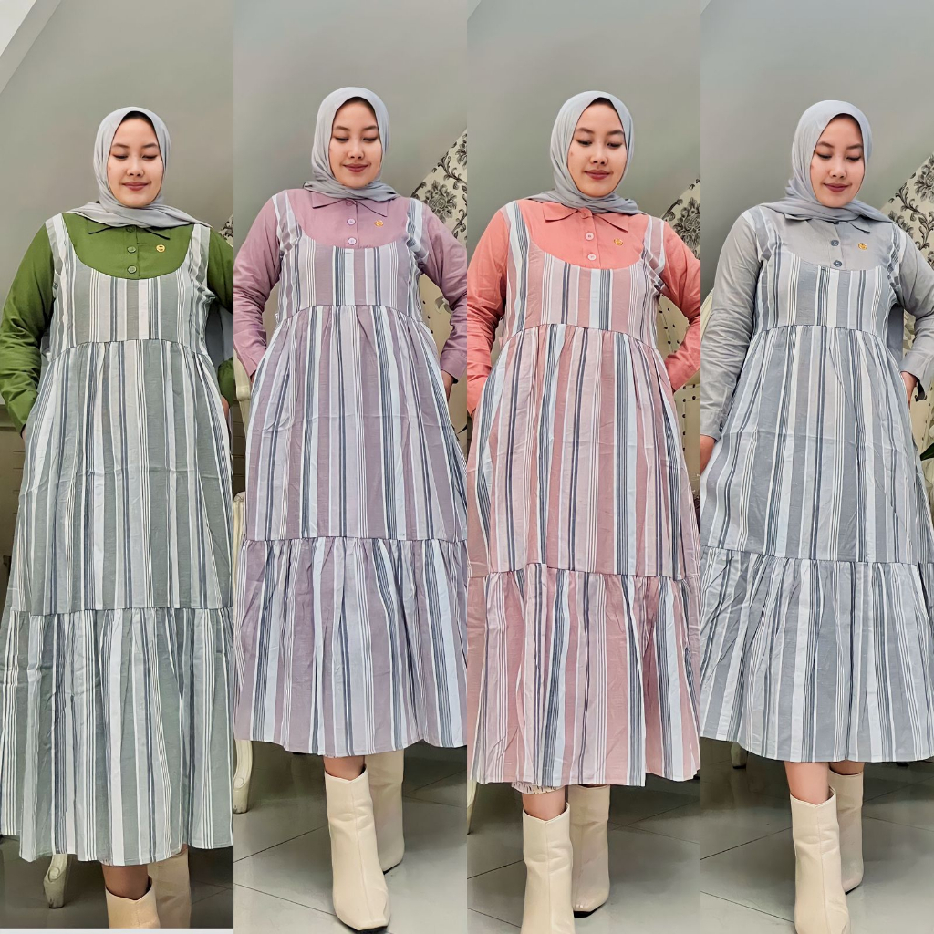 Midi Dress katun Haruka Mix katun Linen Ori By Nasywa Terbaru Busui kancing Depan