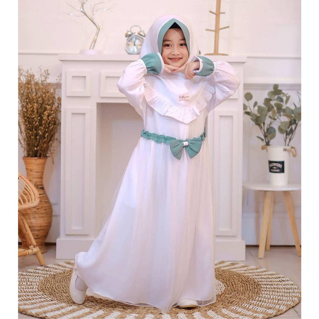 Gamis Anak Warna Putih Set Jillbab Terbaru Kekinian Lebaran Syari Tanggung Usia 2 Sampai 15 Tahun Ba