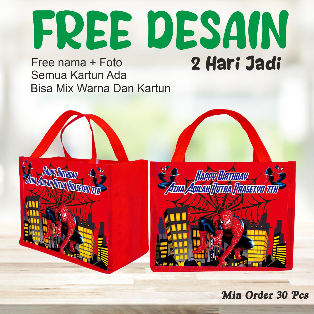 

TAS SOVENIR MUAT BANYAK/FREE DESAIN FOTO DAN NAMA/TAS BERGAMBAR SPIDERMAN