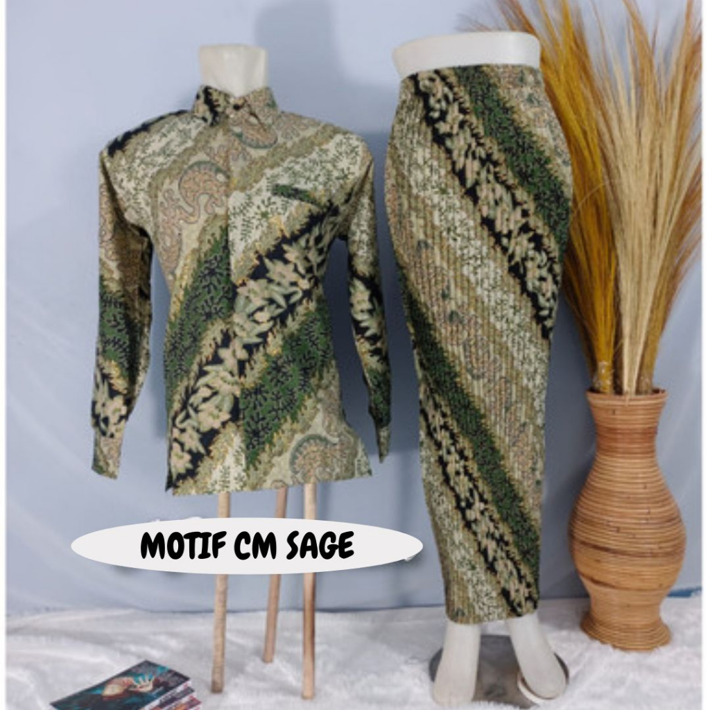 SETELAN COUPLE BATIK  / KEMEJA BATIK PRIA DAN ROK PLISKET BATIK BAWAHAN KEBAYA MOTIF CM SAGE