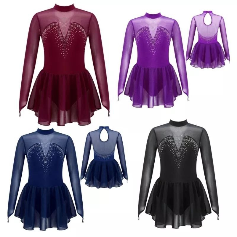Baju Gaun Leotard Ice Skating/ Rhythmic Lengan Panjang Anak Perempuan 5 6 7 8 tahun
