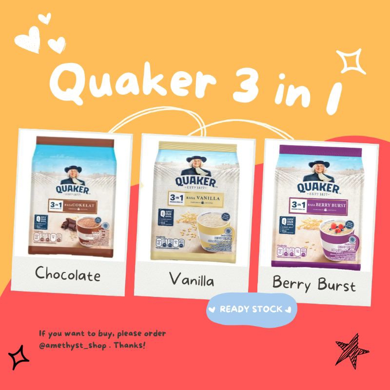 

[QUAKER] 3 in 1 Rasa Vanilla, Coklat Chocolate, Berry Burst, Matcha 224 gr Expired 2025