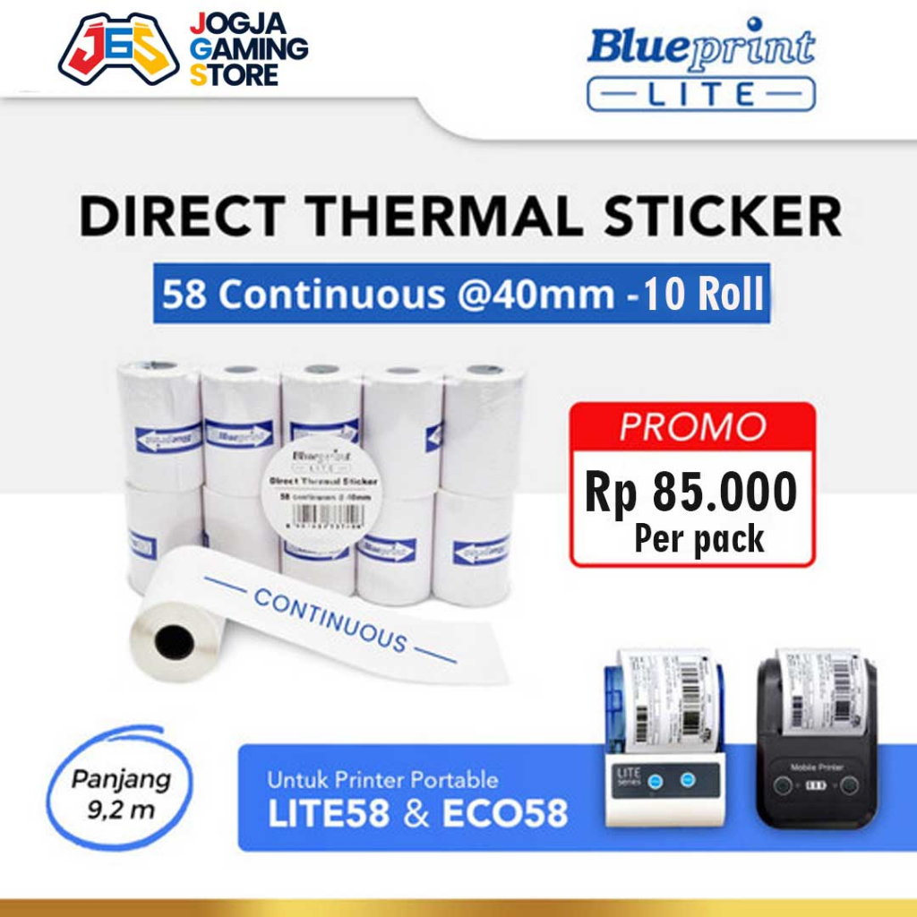 

Kertas Thermal Sticker Label BLUEPRINT 58mm x 9m Continous @40mm - 10 Roll