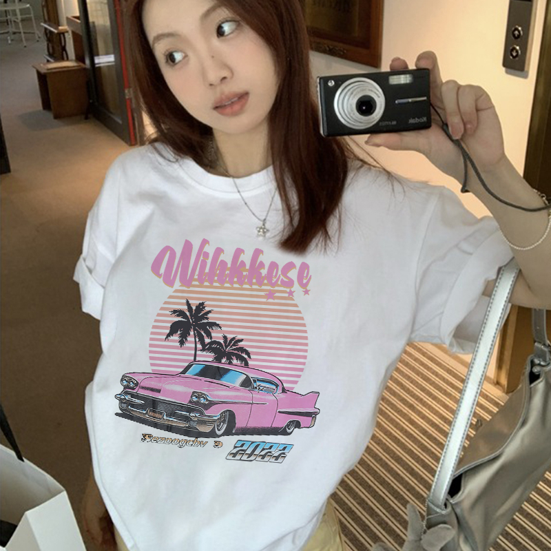Print T-shirt Kaos Lengan Pendek Vintage Sunset Car Oversize Atasan Wanita Korean Style