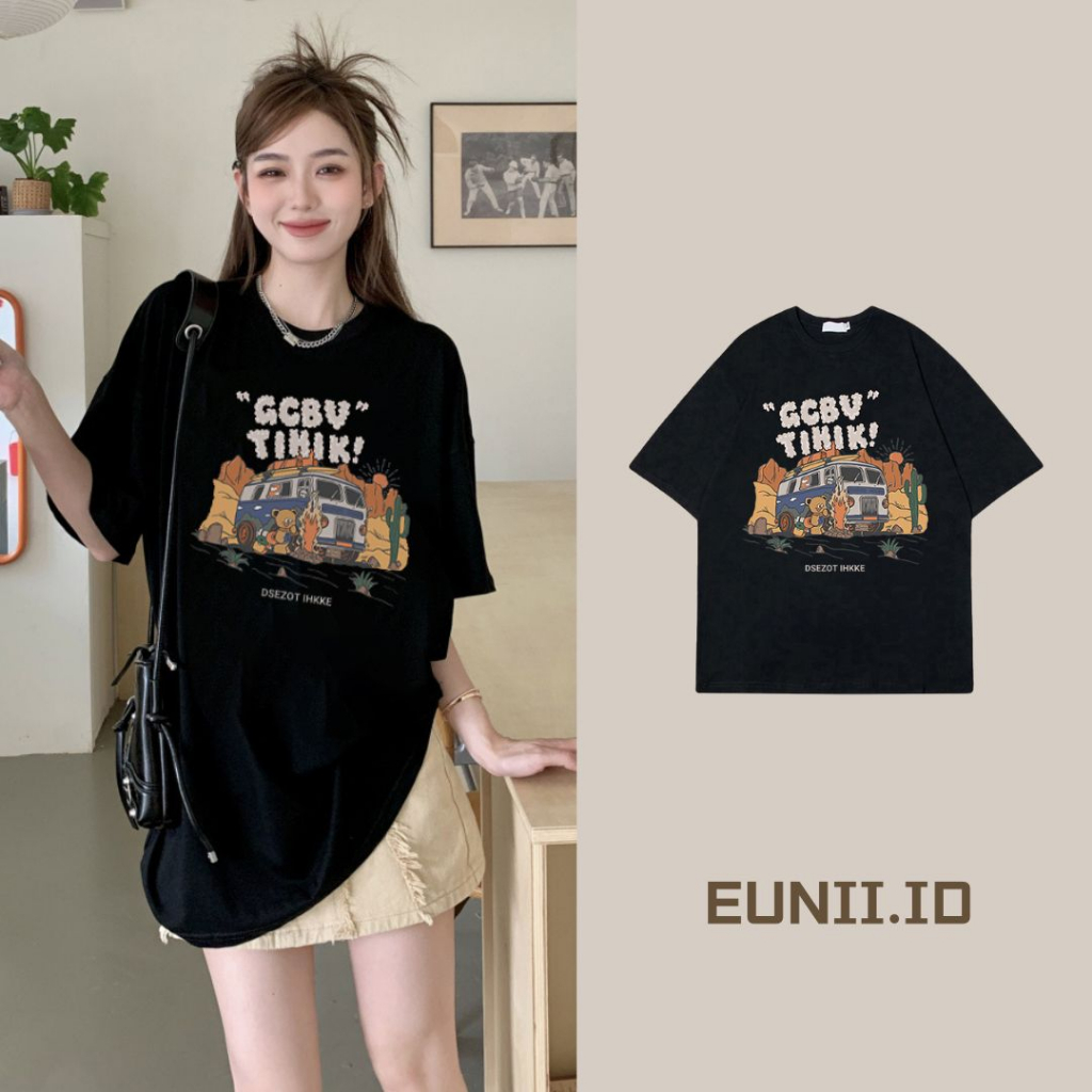 EUNII T-shirt Lengan Pendek Cartoon Desert Car Painting Printing Korean Style/Kaos Atasan Wanita/Baju Wanita/Kaos Wanita