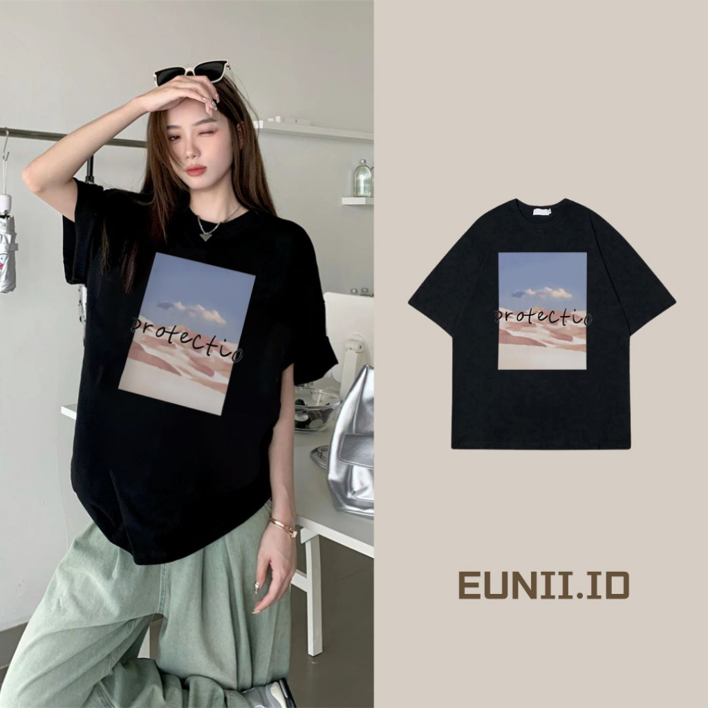 EUNII T-shirt Lengan Pendek Retro Sunset Scene Painting Printing Korean Style/Kaos Atasan Wanita/Baju Wanita/Kaos Wanita