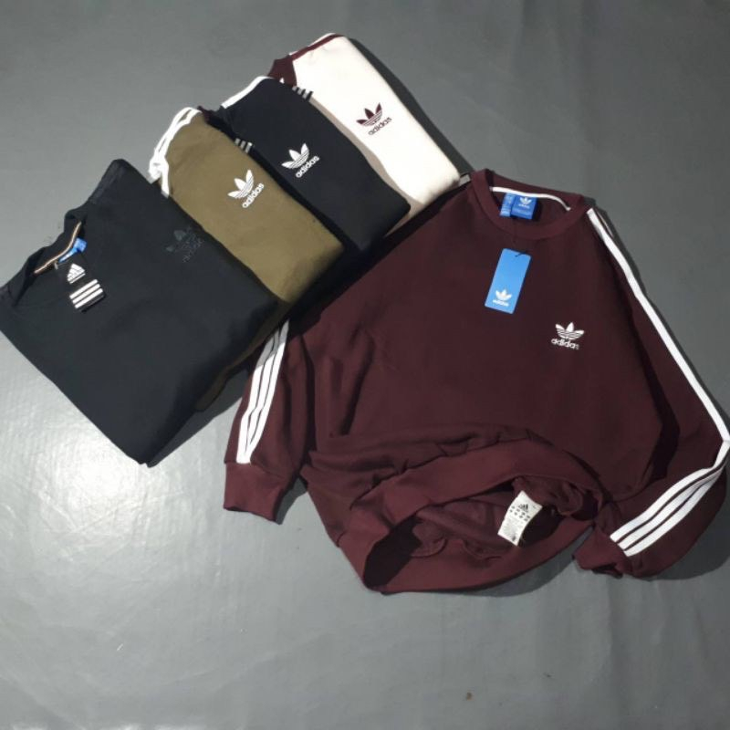 Crewneck ADIDAS - Slide Puti Line maroon Fulltag + Label Mirror Pria wanita