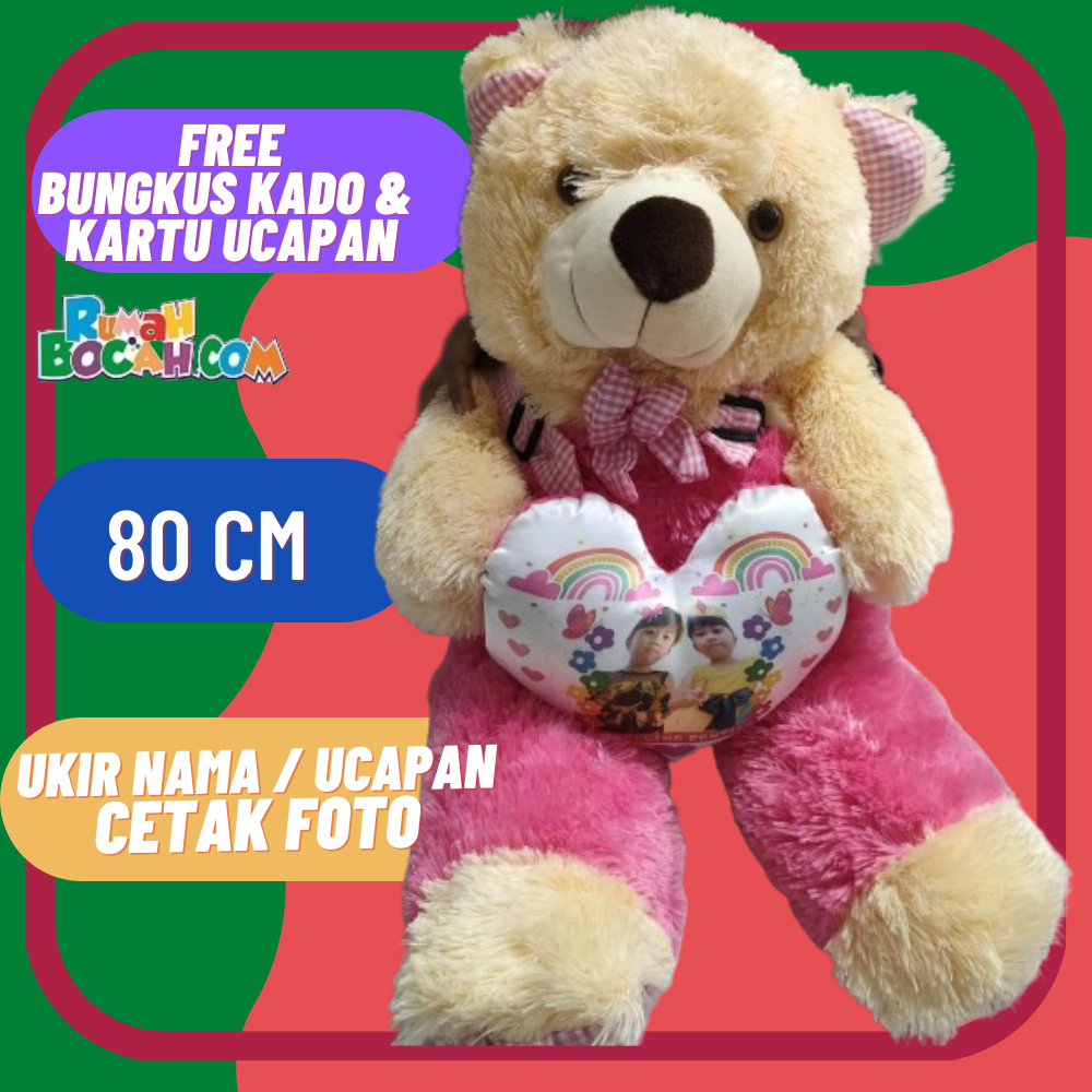 Boneka Bear Beruang Jojon Pink Jumbo Besar 80 cm Ukir Nama Ucapan Cetak Foto untuk Kado Ulang Tahun 