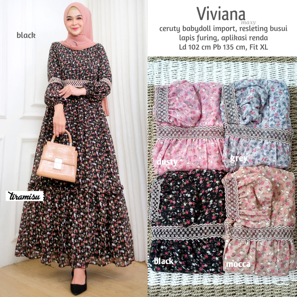 VIVIANA DRESS / 2.10 / BAHAN CERUTY FULL FURING / LD 102 CM / PB 135 CM / ALLSIZE JUMBO / FIT TO XL / TIRAMISU