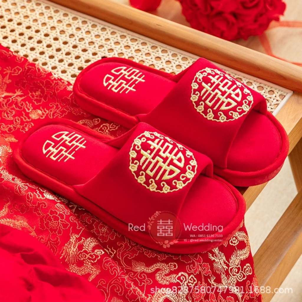 [Xi Bingkai Bunga] Sandal MERAH Pengatin Groom /Bride  Sepatu Wedding Bahan dengan Bordir Tulisan Shuang Xi Sanghi