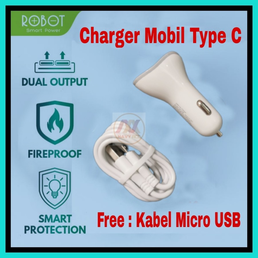MH - Robot C08 Charger Mobil Type C Dual USB 4.8A Car Charger 3 Port