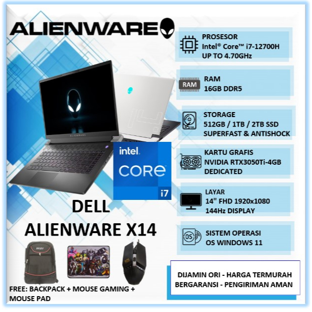 Laptop Gaming Editing Rendering Dell Alienware X14 Intel Core i7 Gen 12 Ram 16GB SSD 2TB 14" FHD 144Hz Windows 11 Home