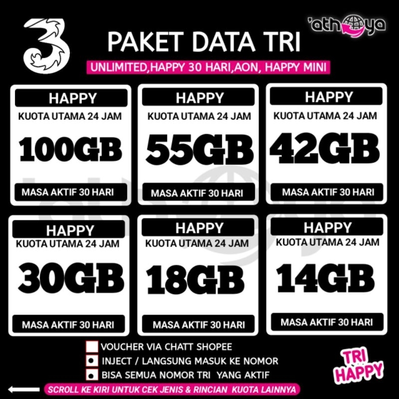 Kuota Tri Kuota 3 paket data 3 Paket data tri HAPPY 12GB 18GB 25GB 45GB 30 HARI